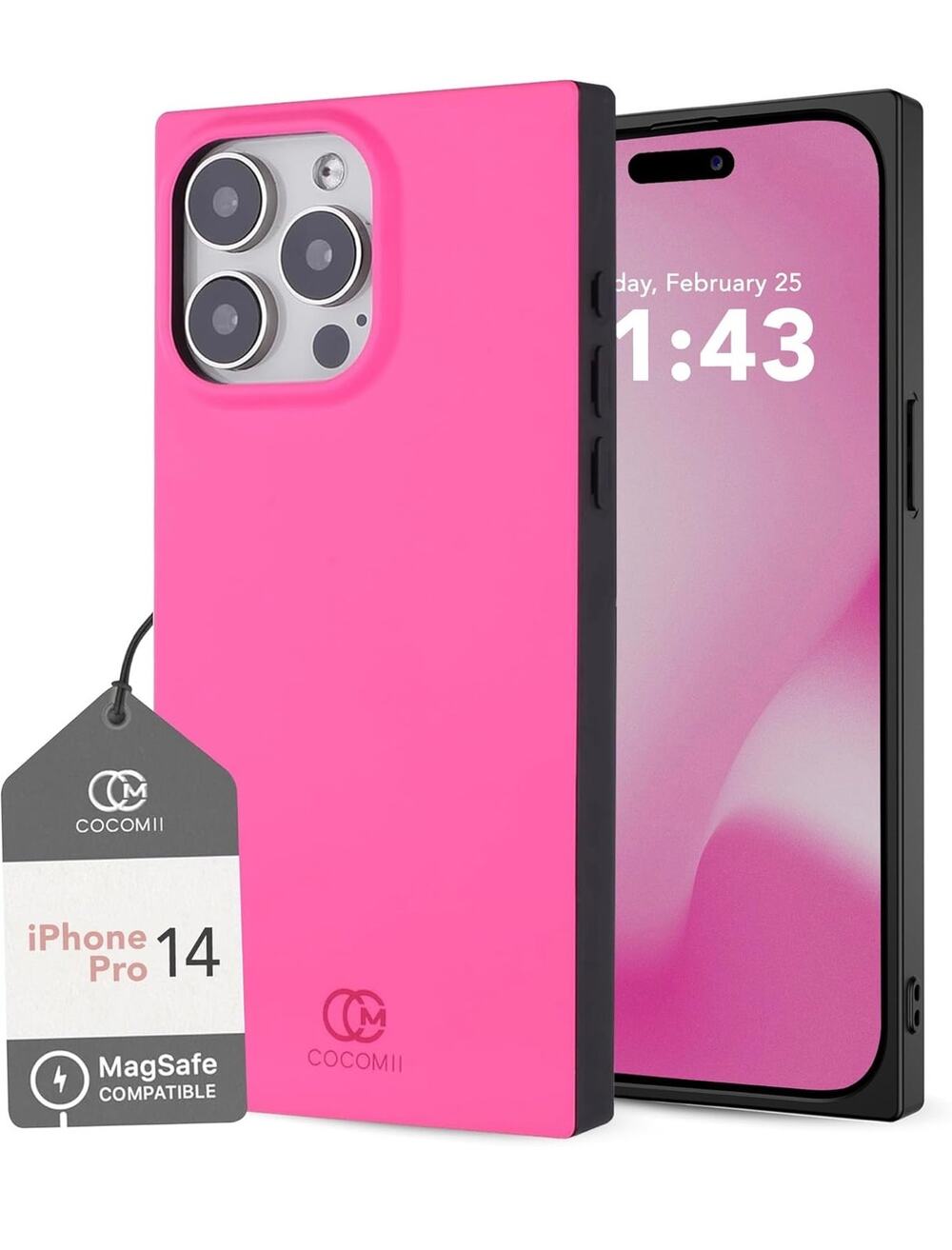 COCOMII Rectangle Case for iPhone 14 Pro, Compatible w/ MagSafe, Matte Hot Pink
